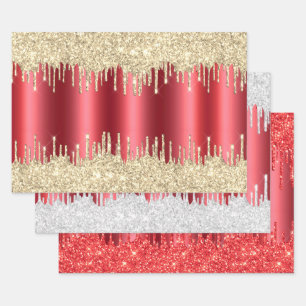 Metallic Red-kerstdruppels Glitter Combo Pack Inpakpapier Vel