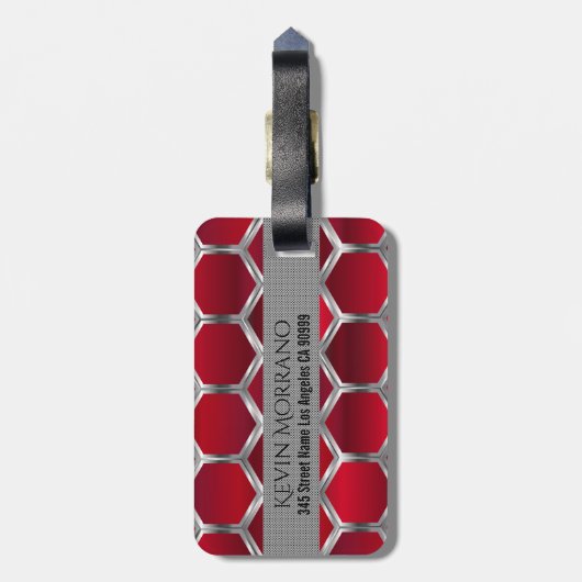 Metallic rood & zilver achthoekig patroon bagagelabel (Achterkant verticaal)
