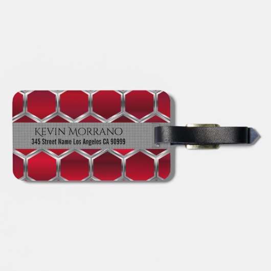 Metallic rood & zilver achthoekig patroon bagagelabel (Achterkant horizontaal)