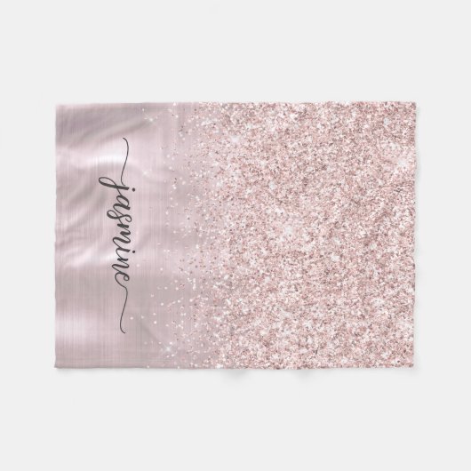 Metallic Roos Gold Glitter Monogram Naam Fleece Deken (Voorkant (Horizontaal))