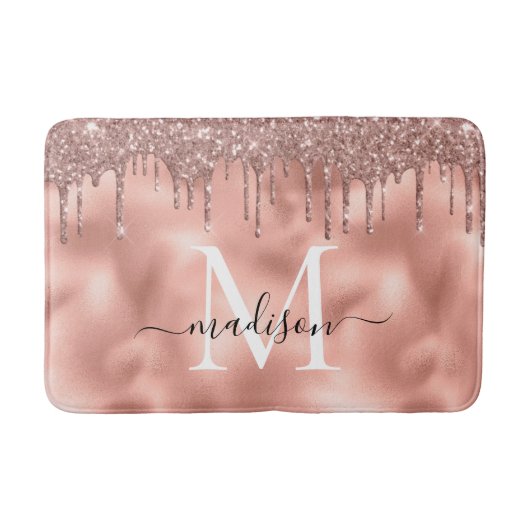 Metallic Roos Gold Monogram Roze Glitter Druppels Badmat (Voorkant)