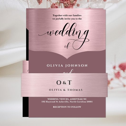 Metallic Roos Gold Monogram Weddenschap Uitnodigingen Wikkel