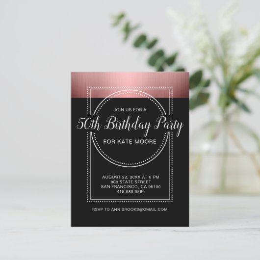 Metallic Roos Gold op zwarte 50e verjaardag Uitnodiging Briefkaart (Staand voorkant)