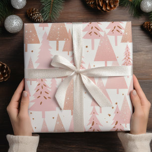 Metallic Roos gouden roze zilveren kerstbomen Cadeaupapier
