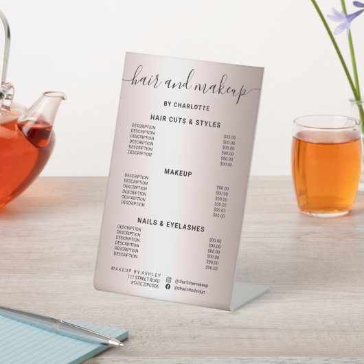 Metallic roos goudmaffiapsalon prijs reclamebord met voetstuk (Insitu)