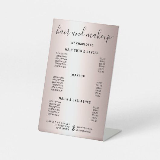 Metallic roos goudmaffiapsalon prijs reclamebord met voetstuk (Voorkant)