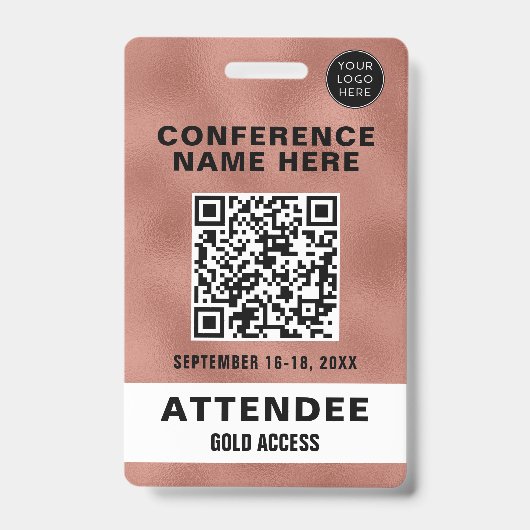 Metallic Rose Goud QR Code Conferentie Evenement Badge (Voorzijde)