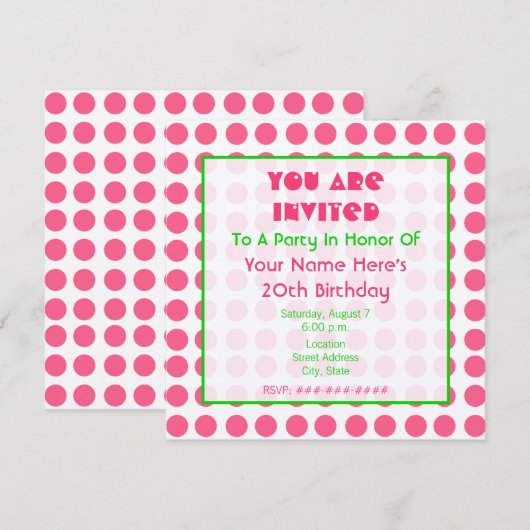 Metallic roze en Green Birthday Party Kaart (Voorkant / Achterkant)