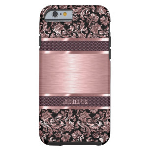 Metallic roze en zwarte bloemdamast tough iPhone 6 hoesje