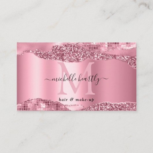 Metallic roze glitz en glam monogram visitekaartje (Voorkant)