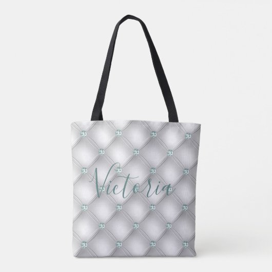 Metallic Satin White Mint Green Bling Name Tote Bag (Achterkant)