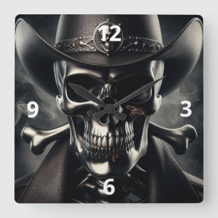 Metallic schedel cowboy wandklok