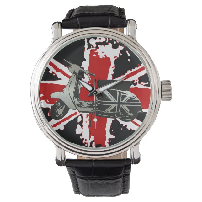 Metallic scooter op shredded union jack art horloge (Voorkant)