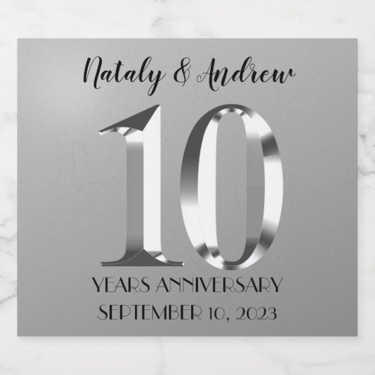 Metallic Silver 10th Wedding Jubileum Sparkling Wijnetiket (Enkel label)