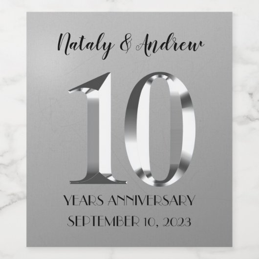 Metallic Silver 10th Wedding Jubileum Wijn Etiket (Enkel label)