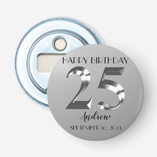 Metallic Silver 25e verjaardag Button Flesopener (Voorkant)