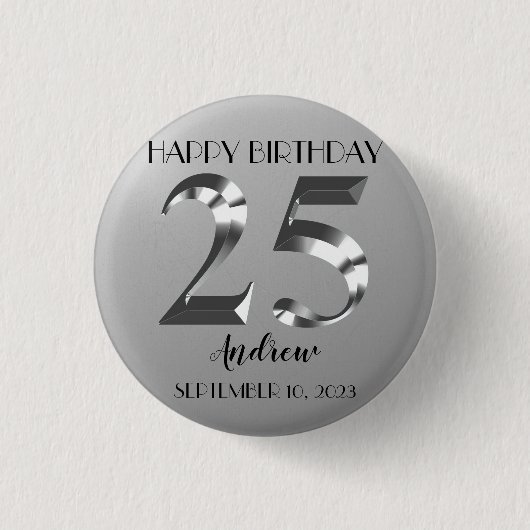 Metallic Silver 25e verjaardag Ronde Button 3,2 Cm (Voorkant)