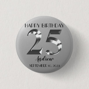 Metallic Silver 25e verjaardag Ronde Button 3,2 Cm