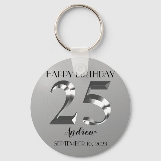 Metallic Silver 25e verjaardag Sleutelhanger (Voorkant)