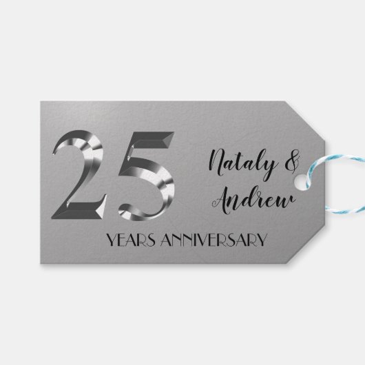 Metallic Silver 25th Wedding Jubileum Cadeaulabel (Voorkant (Horizontaal))