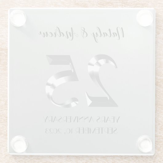 Metallic Silver 25th Wedding Jubileum Glazen Onderzetter (Achterkant)