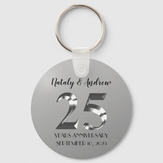 Metallic Silver 25th Wedding Jubileum Sleutelhanger (Voorkant)
