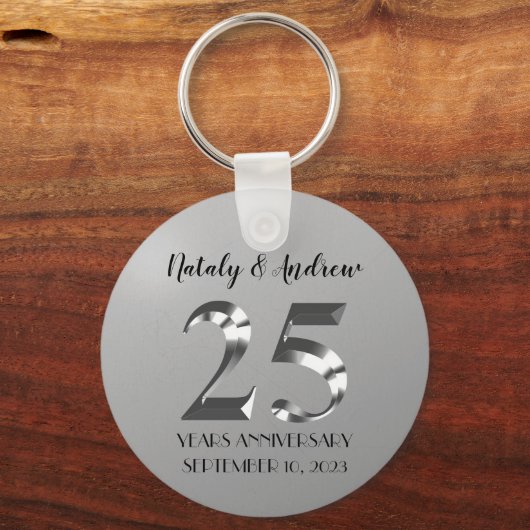 Metallic Silver 25th Wedding Jubileum Sleutelhanger (Voorkant)
