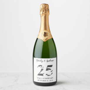 Metallic Silver 25th Wedding Jubileum Sparkling Wijnetiket