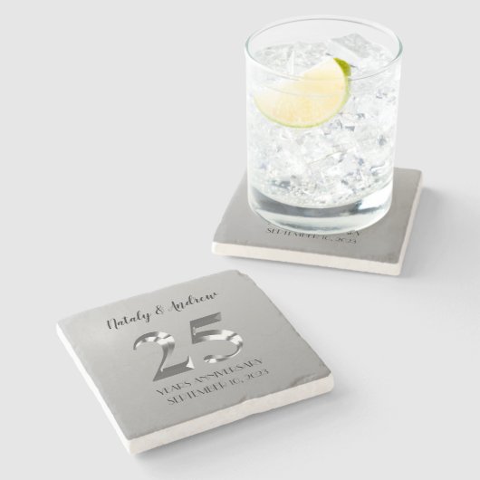 Metallic Silver 25th Wedding Jubileum Stenen Onderzetter (Zijkant)