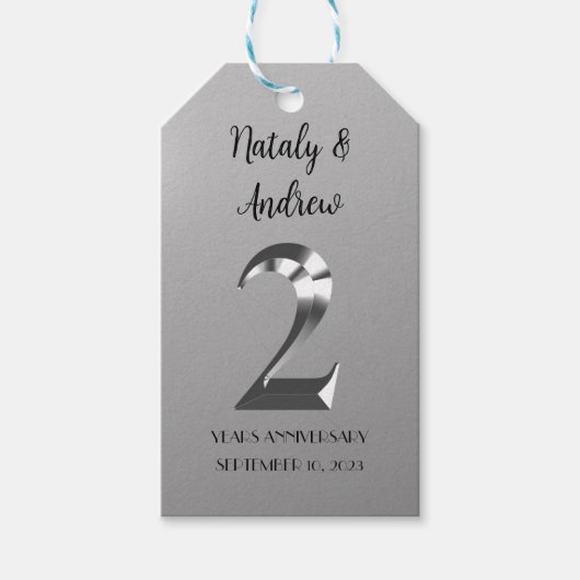 Metallic Silver 2th Wedding Jubileum Cadeaulabel (Voorkant)