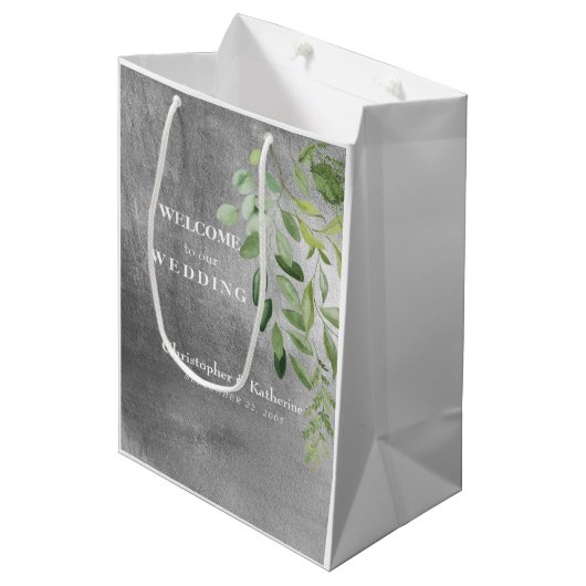 Metallic Silver Afbeelding Custom Wedding Welcome  Medium Cadeauzakje (Voorkant Gekanteld)