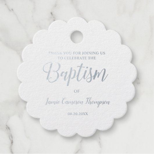 Metallic Silver Baptism Baby Bedankt cadeau Bedankjes Labels (Voorkant)