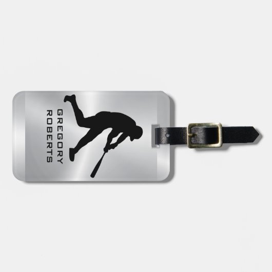 Metallic Silver Black Baseball Player Silhouette Bagagelabel (Voorkant horizontaal)