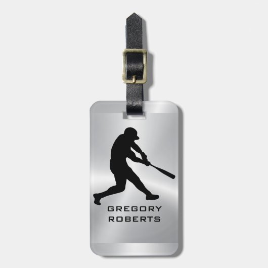 Metallic Silver Black Baseball Player Silhouette Bagagelabel (Voorkant verticaal)