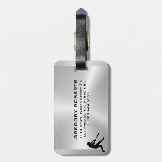 Metallic Silver Black Baseball Player Silhouette Bagagelabel (Achterkant verticaal)