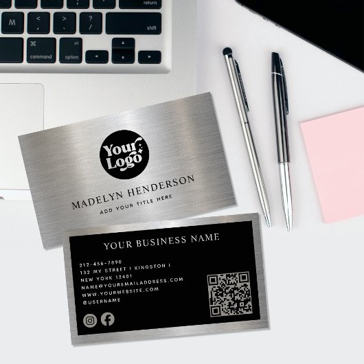 Metallic Silver Black Logo QR Code Social Media Visitekaartje