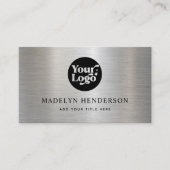 Metallic Silver Black Logo QR Code Social Media Visitekaartje (Voorkant)