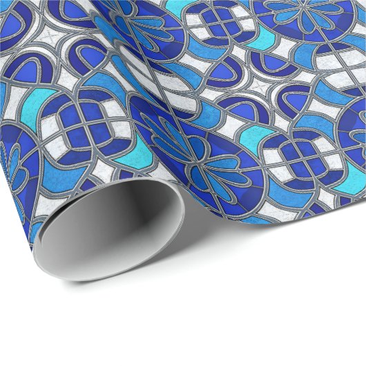 Metallic Silver, Blue Shades Stained Glass Style Cadeaupapier (Rol Hoek)