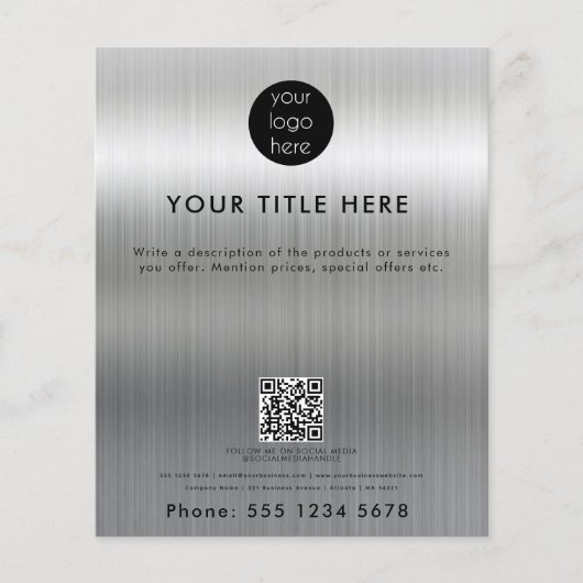 Metallic Silver Business Logo QR Code Promotie Flyer (Voorkant)