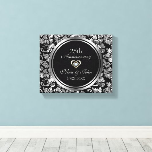 Metallic Silver Damask 25th Wedding Jubileum Canvas Afdruk (Insitu (Houten vloer))