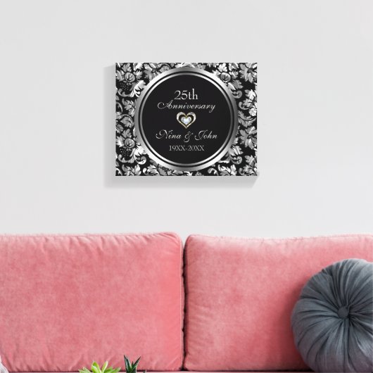 Metallic Silver Damask 25th Wedding Jubileum Canvas Afdruk (Insitu (Woonkamer))