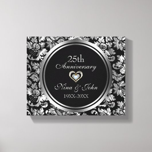 Metallic Silver Damask 25th Wedding Jubileum Canvas Afdruk (Voorkant)