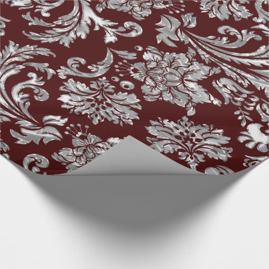 Metallic Silver en Burgundy Red  Damaskers Cadeaupapier (Hoek)