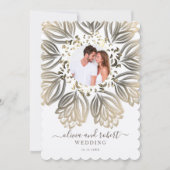 Metallic Silver en Gold Floral Photo Wedding Kaart (Voorkant)