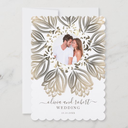 Metallic Silver en Gold Floral Photo Wedding Kaart (Voorkant)