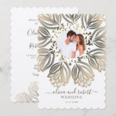 Metallic Silver en Gold Floral Photo Wedding Kaart (Voorkant / Achterkant)