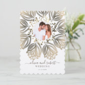 Metallic Silver en Gold Floral Photo Wedding Kaart (Staand voorkant)