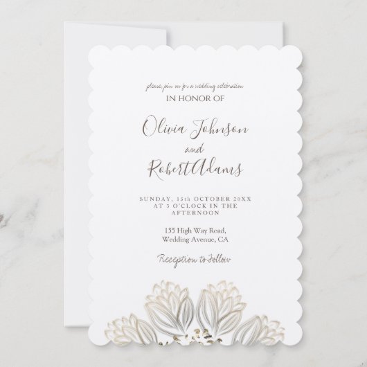 Metallic Silver en Gold Floral Photo Wedding Kaart (Achterkant)