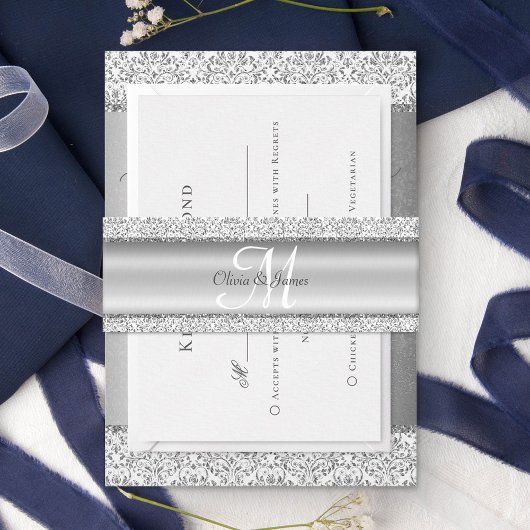 Metallic Silver Glitter Monogram Weddenschap Uitnodigingen Wikkel