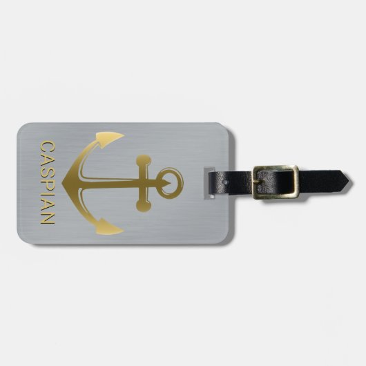 Metallic Silver Gold Nautical Anchor Name Travel Bagagelabel (Voorkant horizontaal)